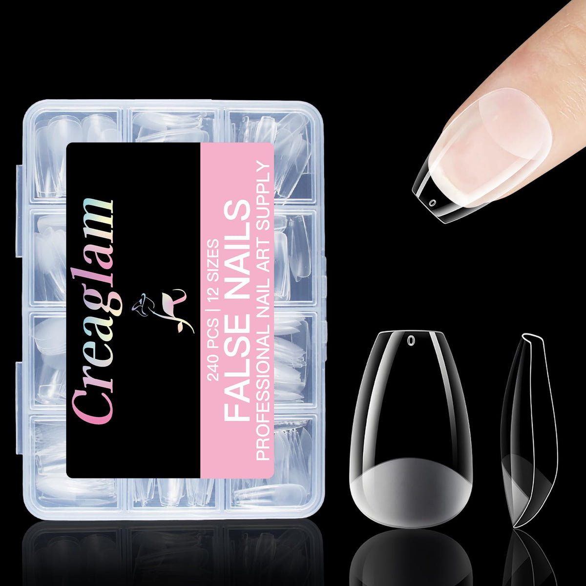 Puntas de uñas cuadradas cortas Creaglam, 240 piezas, acrílico transparente, 12 tamaños, gel suave