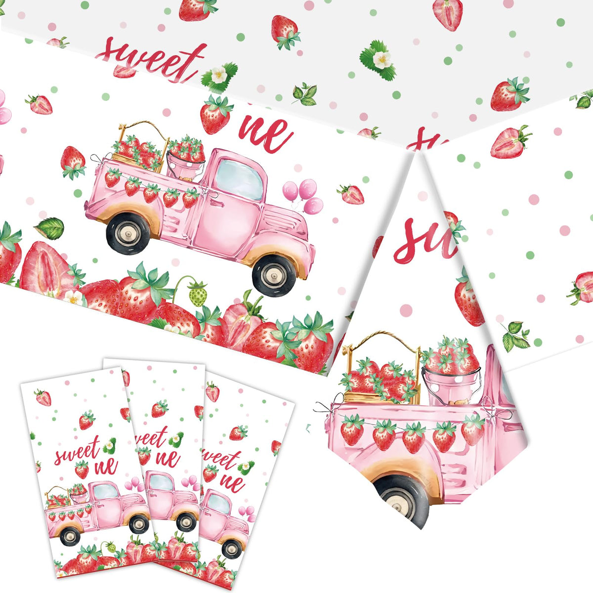 Mantel de plástico para fiestas PHOGARY, diseño de fresas, 3 piezas, rosa, 108 x 54 pulgadas