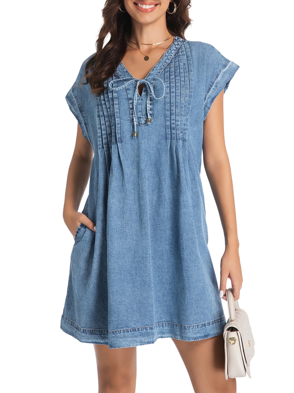 LIUSHIQI Mono Vaquero para Mujer, Escote en V, Lazos Delanteros, Bolsillos, Azul, Talla S