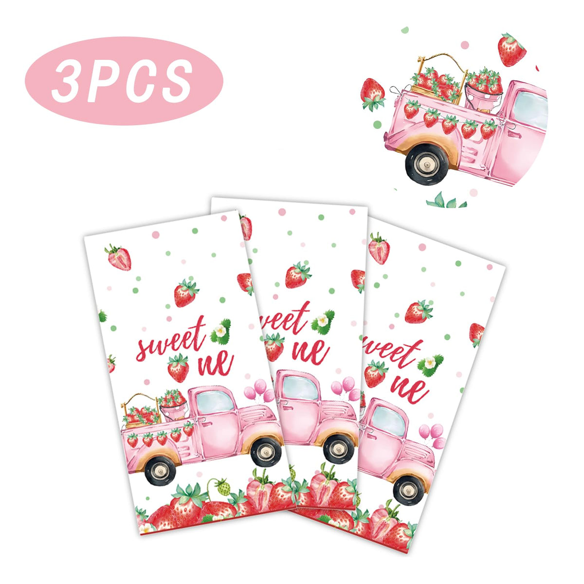 Mantel de plástico para fiestas PHOGARY, diseño de fresas, 3 piezas, rosa, 108 x 54 pulgadas