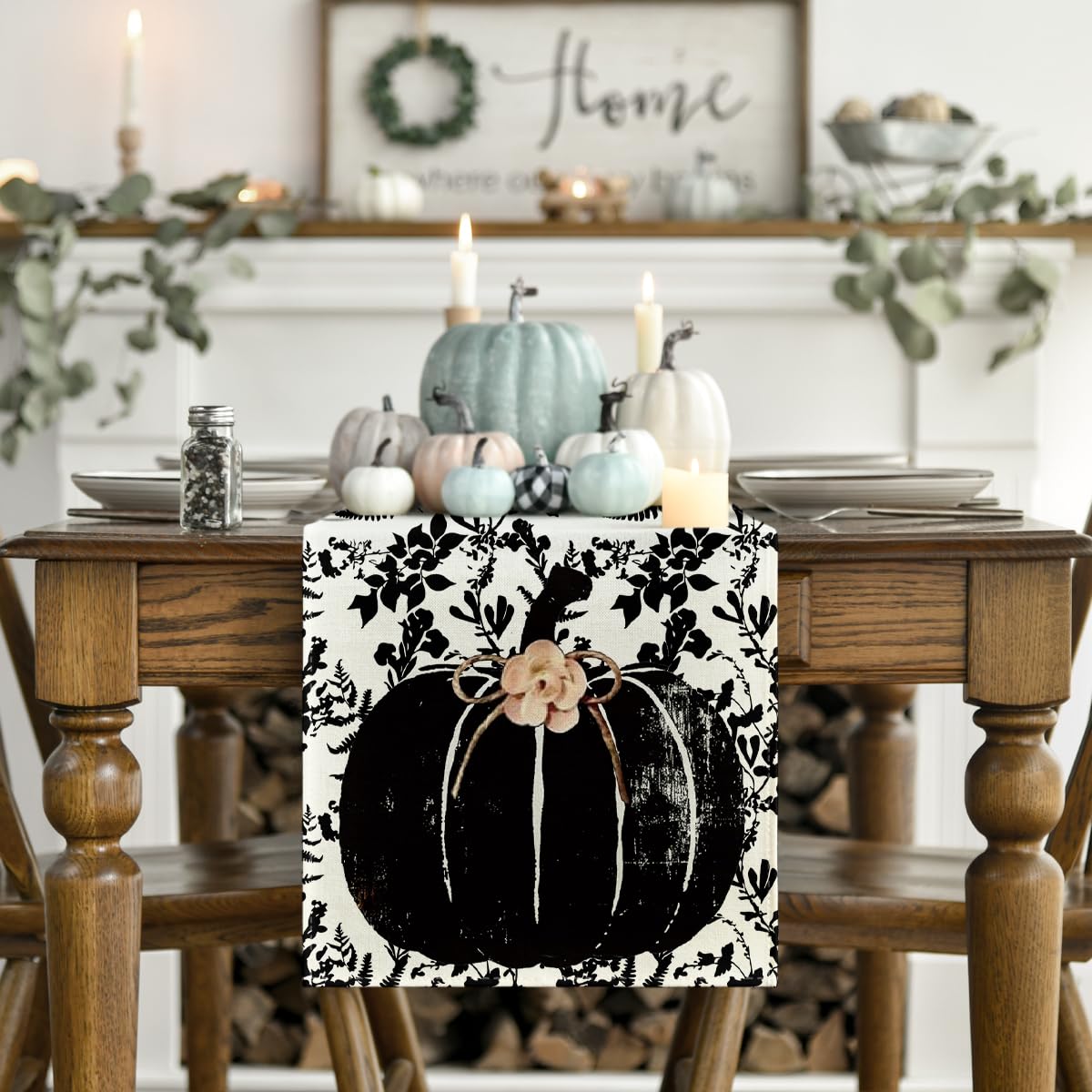 Camino de mesa de otoño Artoid Mode con diseño de calabazas, hojas y flores sobre fondo oscuro, negro, 13x36 pulgadas