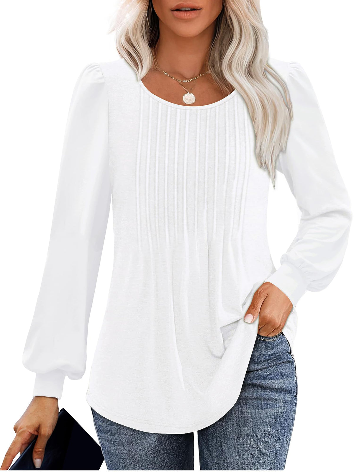 Camisa tipo túnica Licemere para mujer, de manga larga con pliegues y mangas abullonadas, color blanco, talla L