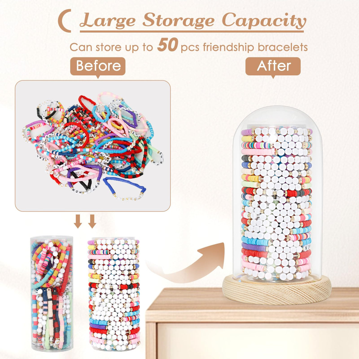 Organizador de pulseras de la amistad Aolamegs con luces y base de madera rústica transparente