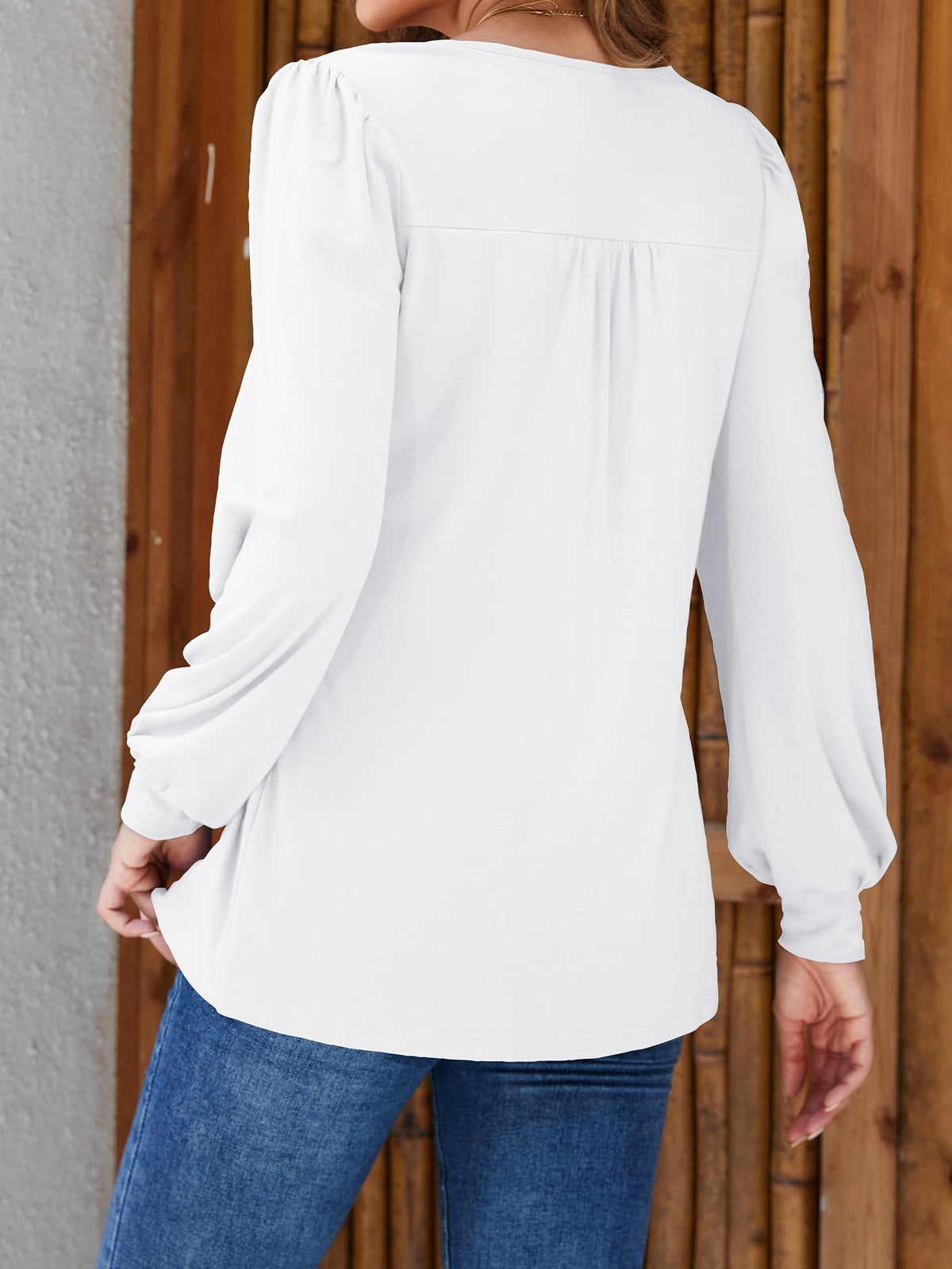 Camisa tipo túnica Licemere para mujer, de manga larga con pliegues y mangas abullonadas, color blanco, talla L