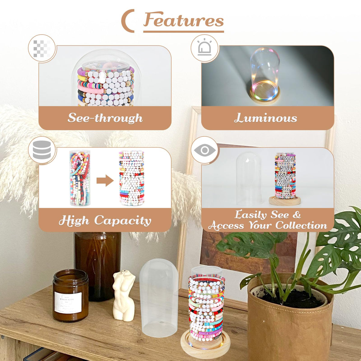Organizador de pulseras de la amistad Aolamegs con luces y base de madera rústica transparente