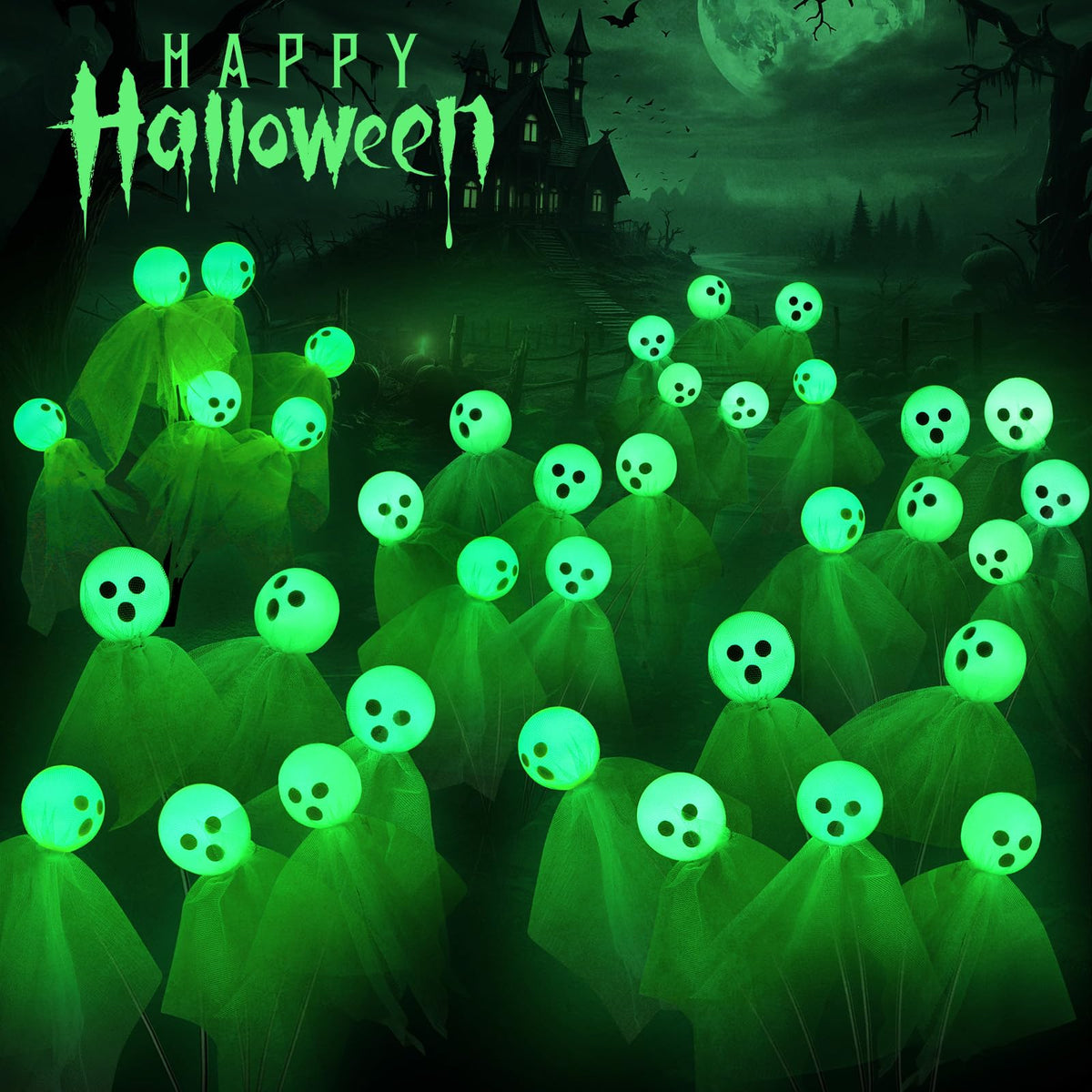 VIHOSE Paquete de 6 luces solares de Halloween para camino, diseño de fantasma, 36 LED, color verde, para exteriores