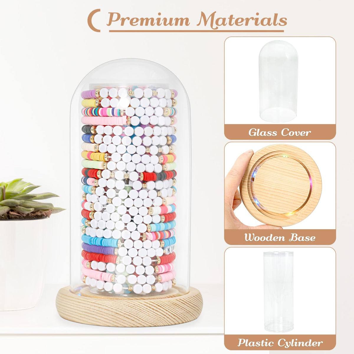 Organizador de pulseras de la amistad Aolamegs con luces y base de madera rústica transparente
