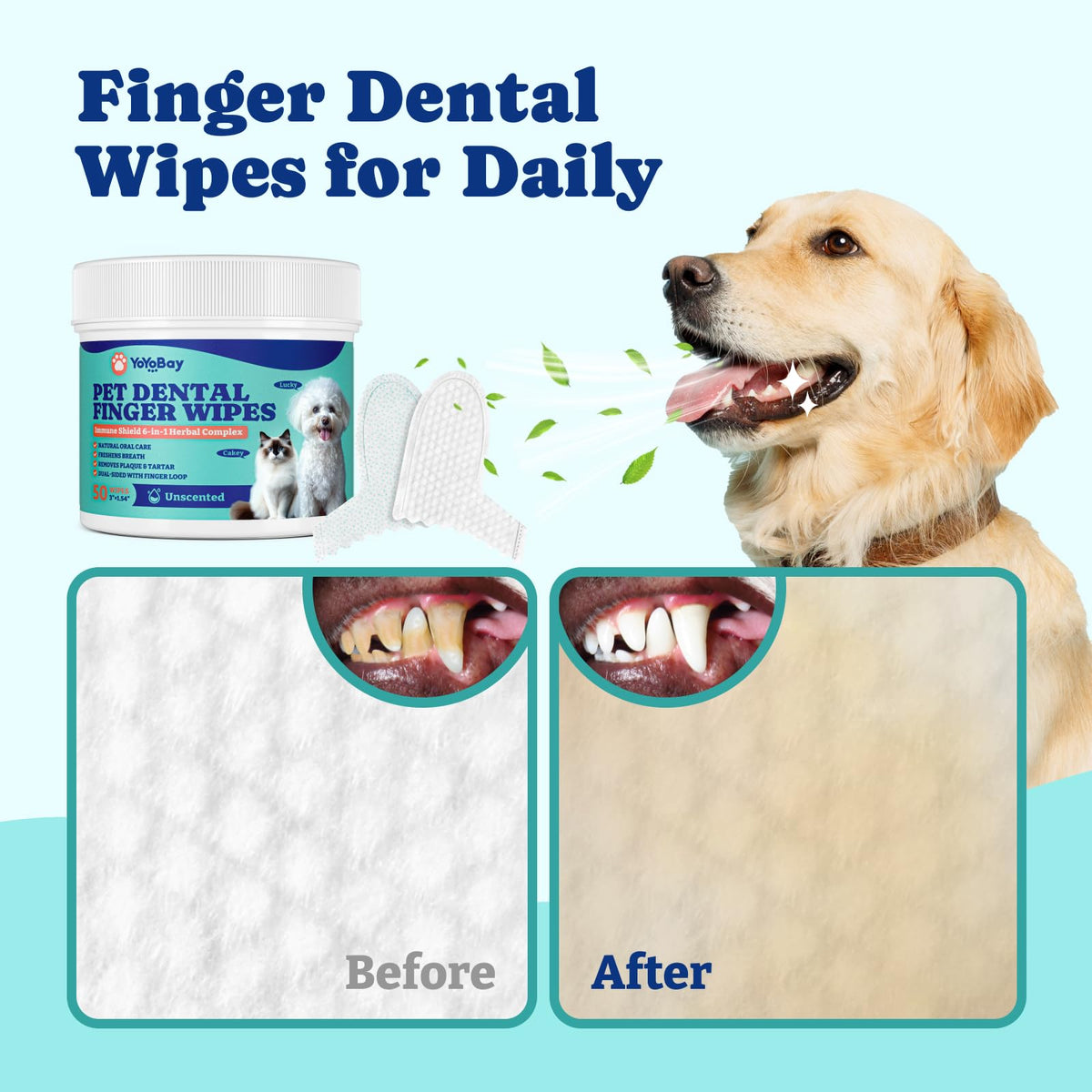 Toallitas para la limpieza dental de perros YoYoBay, fórmula herbal de doble cara, 50 unidades, sin sabor