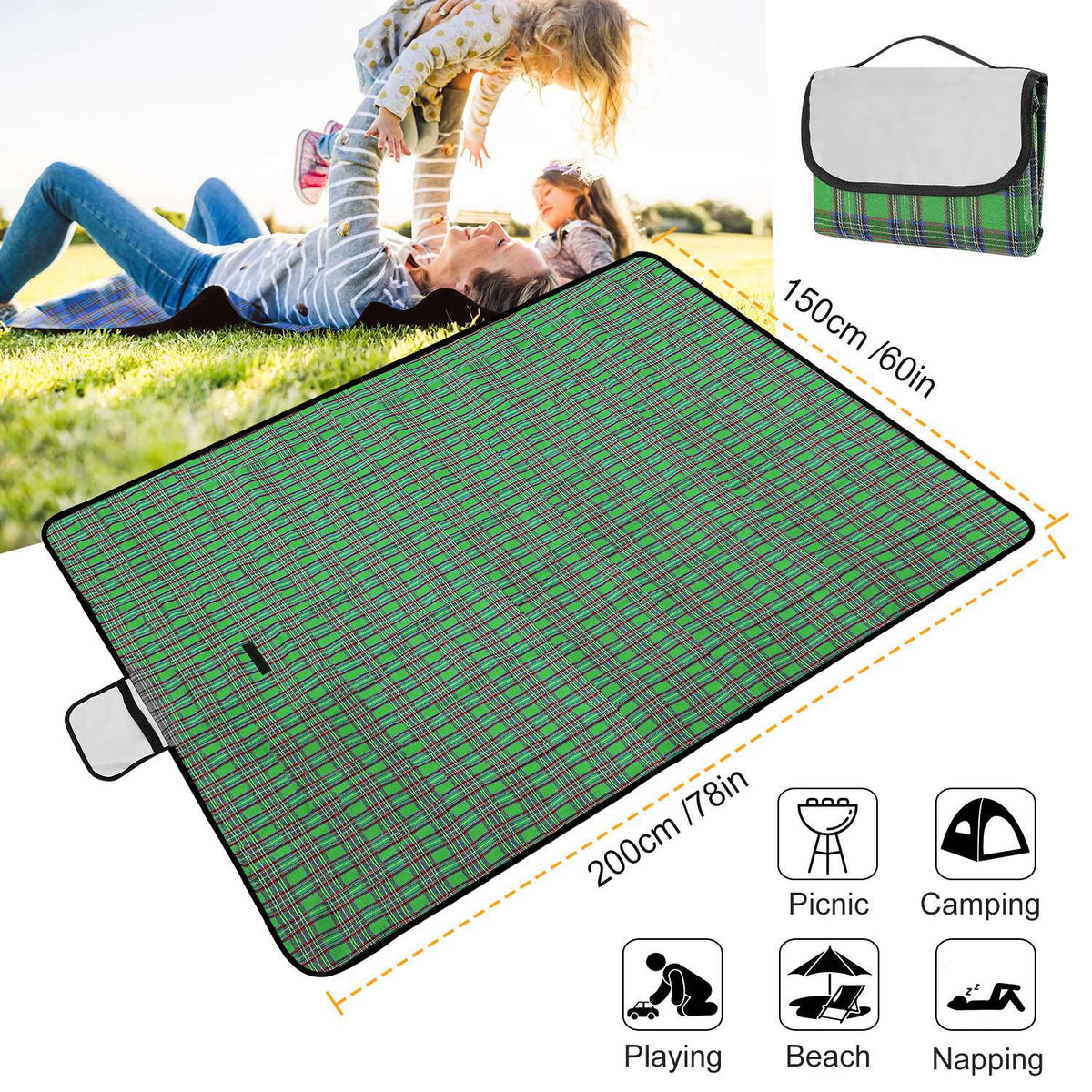 Manta de picnic impermeable de 60" x 78", alfombra plegable para acampar con correa, ideal para camping, senderismo, césped y viajes