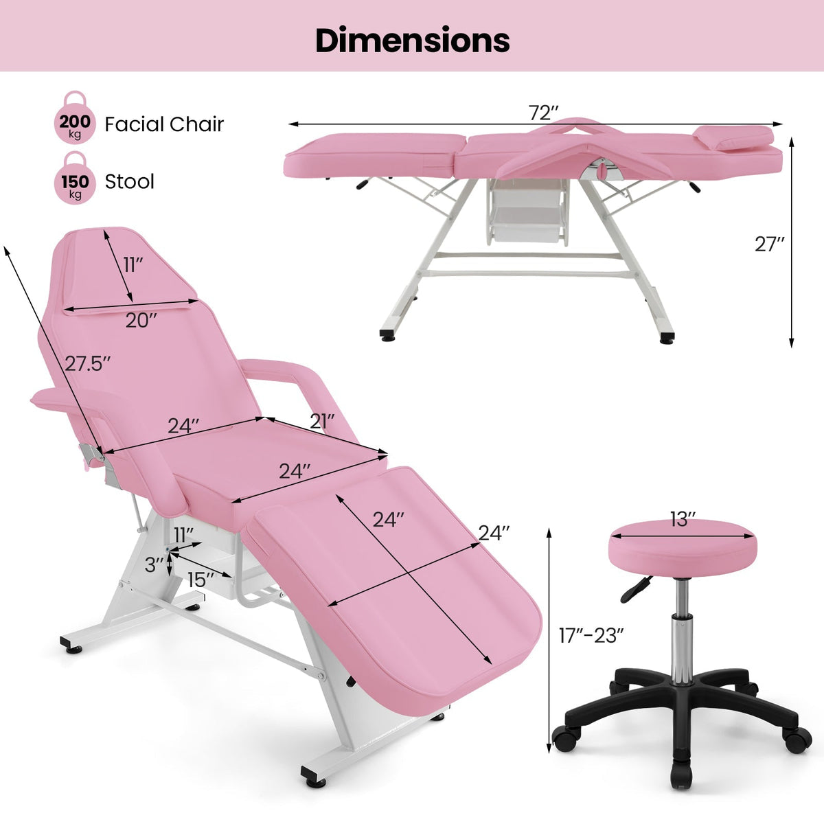 72 Inch Massage Bed with Hydraulic Stool Removable Headrest and Storage Boxes