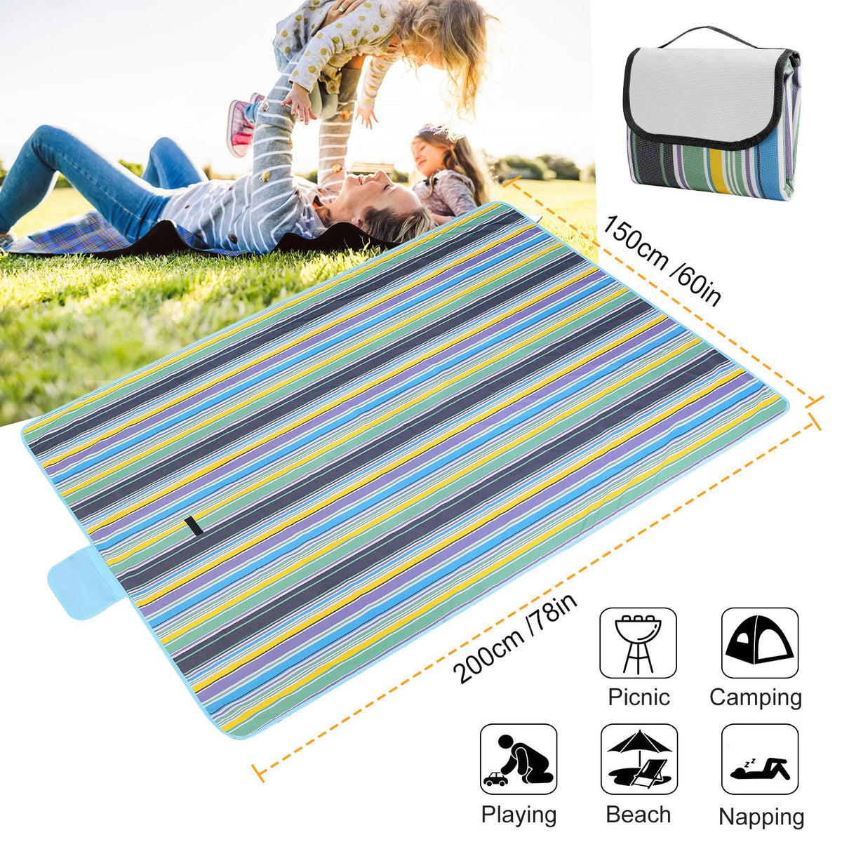 Manta de picnic impermeable de 60" x 78", alfombra plegable para acampar con correa, ideal para camping, senderismo, césped y viajes