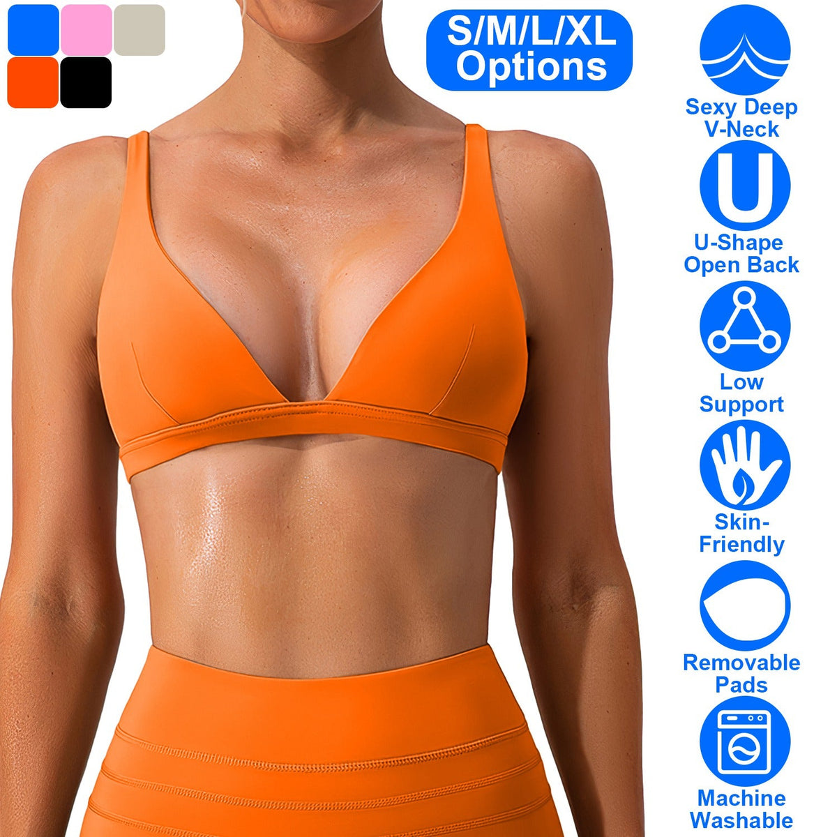Sujetador deportivo con escote en V profundo para mujer para gimnasio - Comodidad de bajo impacto