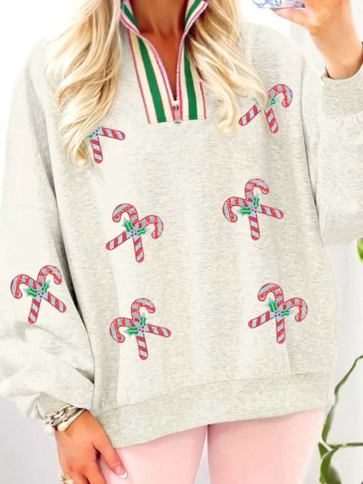 Sequin Candy Canes Contrast Collar Patchwork Loose Sweatshirt