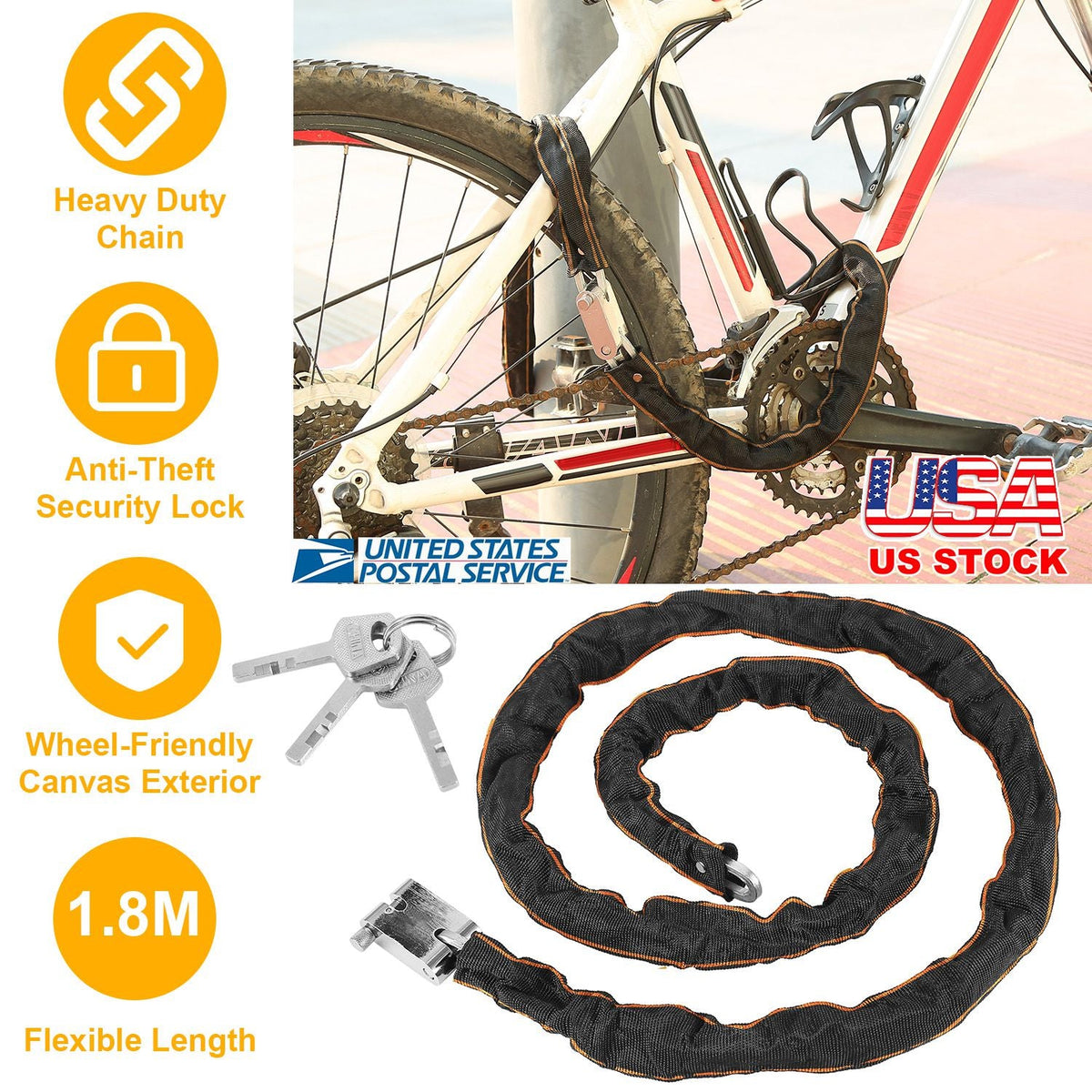 Bike Chain Lock with 3 Keys for Everyday Bicycle Security