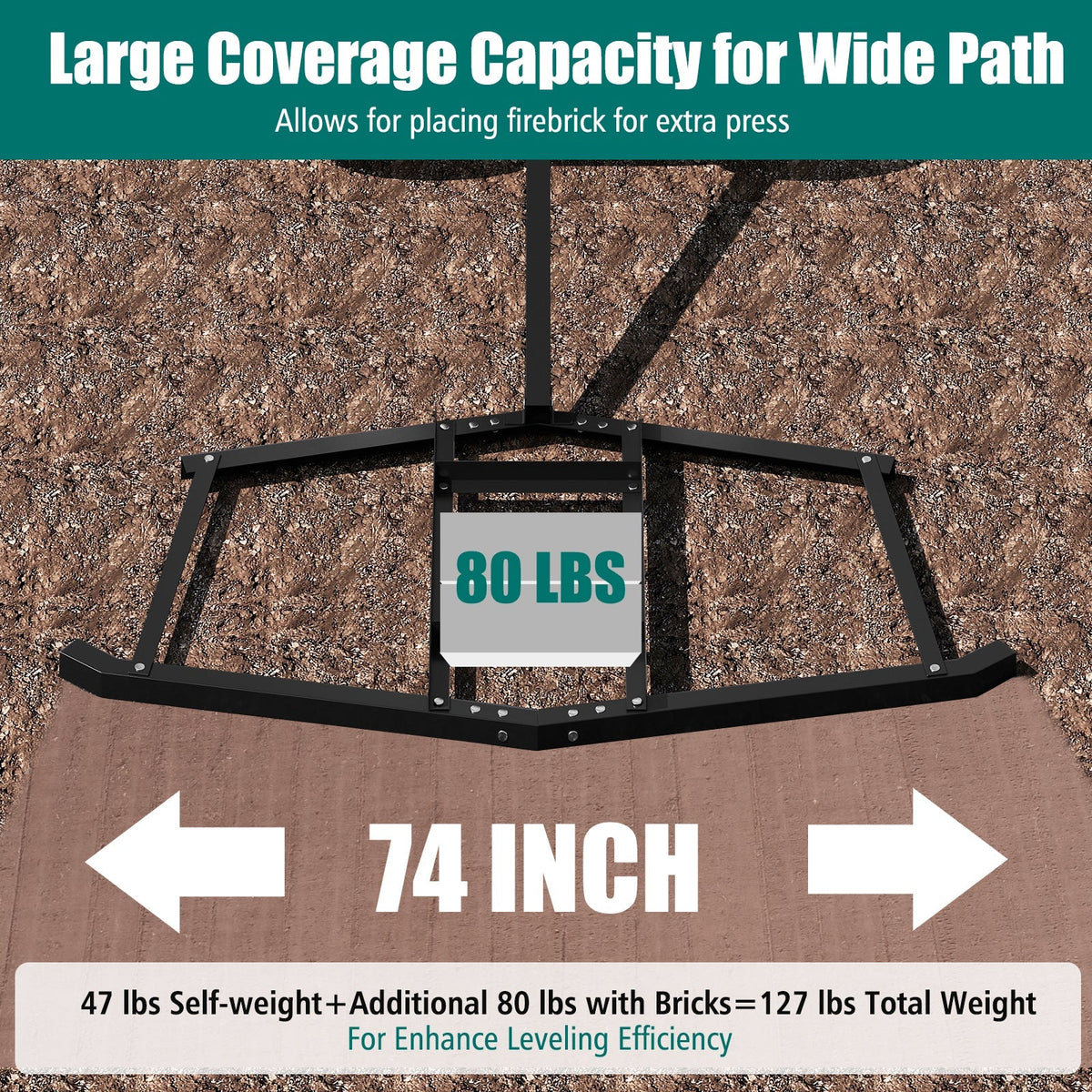 74 inch Wide Driveway Drag Tow Behind Landscape Leveling Rake with Reinforced Bars-Black
