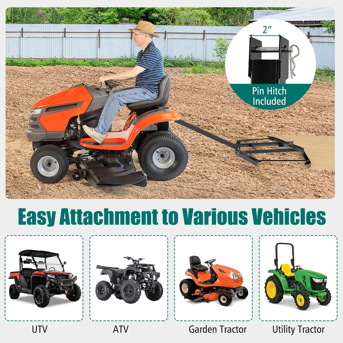 74 inch Wide Driveway Drag Tow Behind Landscape Leveling Rake with Reinforced Bars-Black