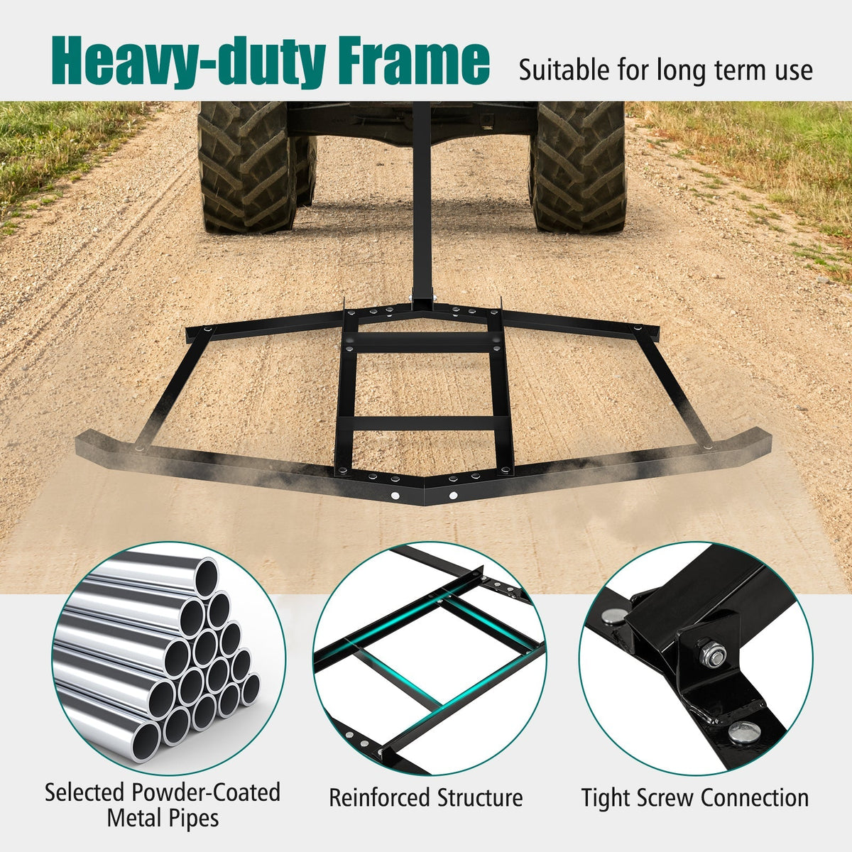 74 inch Wide Driveway Drag Tow Behind Landscape Leveling Rake with Reinforced Bars-Black
