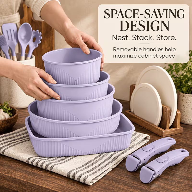 24-Piece Nonstick Cookware Set with Detachable Handles