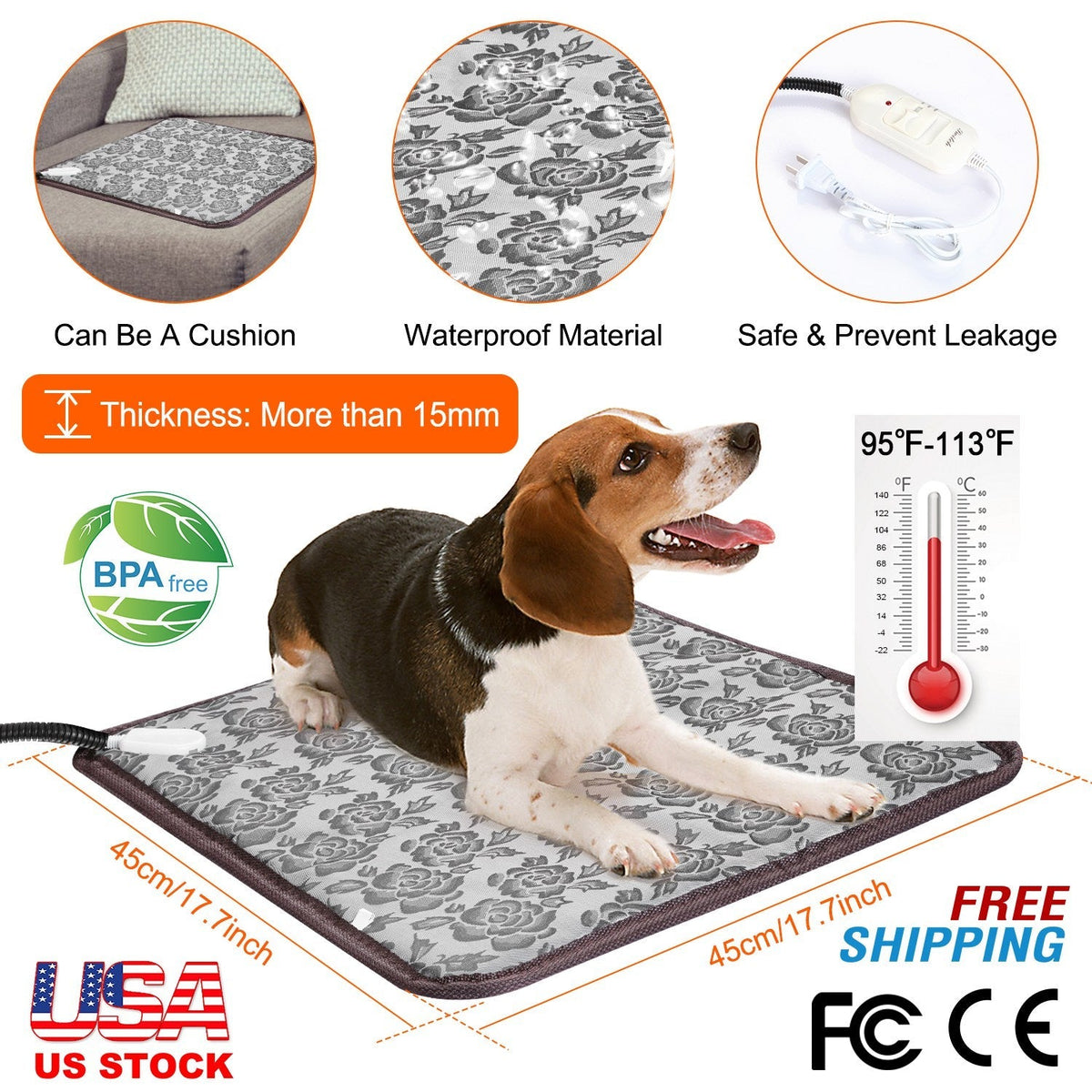 Pet Heating Pad Dog Cat Electric Heating Mat Waterproof Adjustable Warming Blanket with Chew Resistant Steel Cord Case