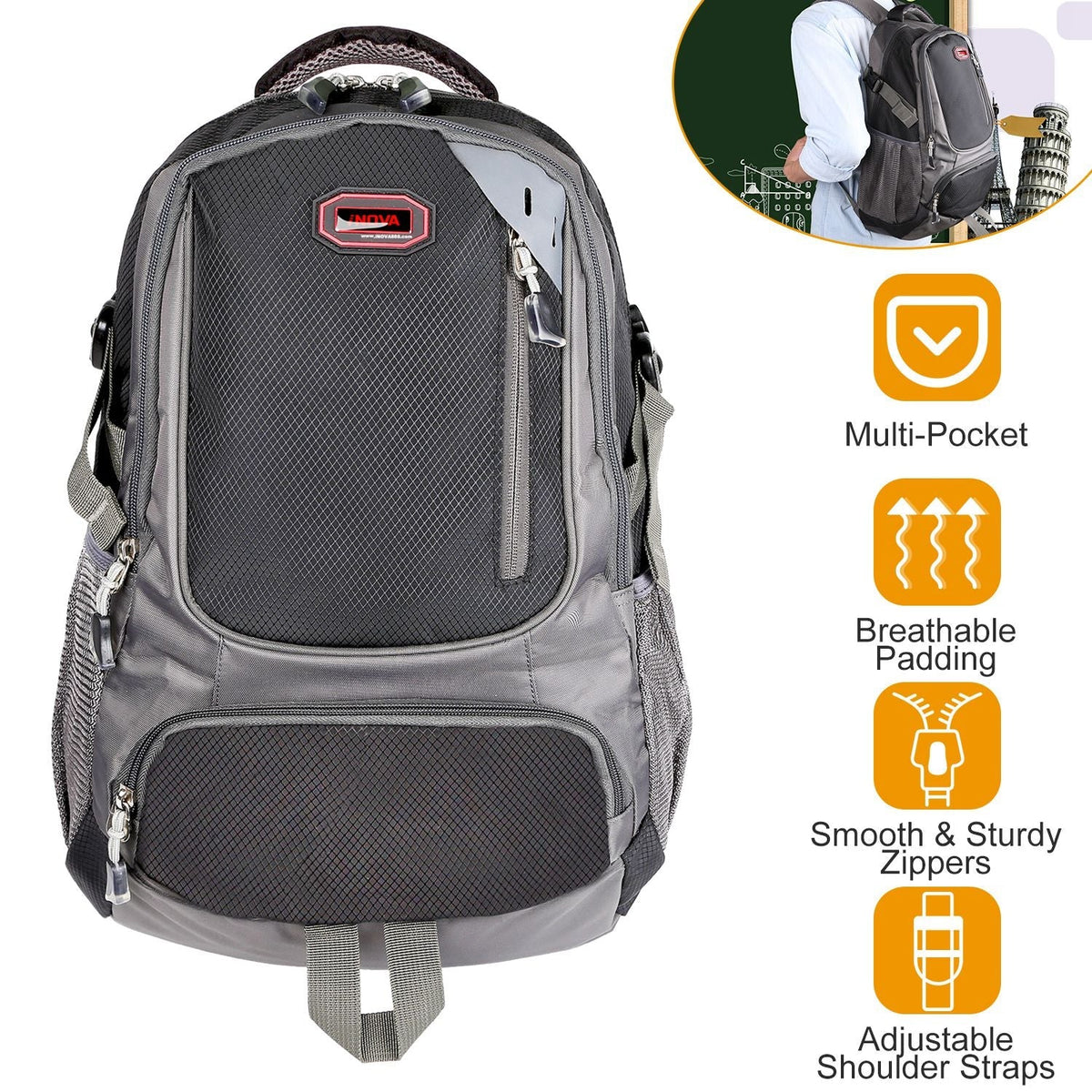 Unisex School Backpack Casual Travel Shoulder Bag W/ Adjustable Straps Dual-Water Bottle Pouch Multiple Zippered Pockets For Gym Sports Travel School