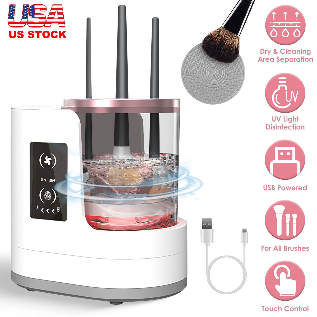 4 In 1 Electric Makeup Brush Cleaner USB Powered Automatic Brush Blender Machine with Timer Digital Display Cleaning Drying UV Disinfection Brush Stor