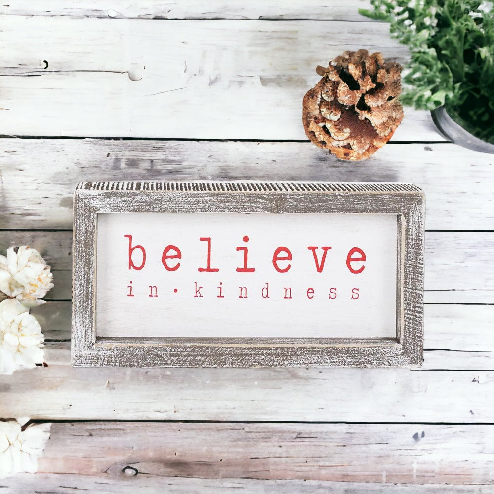 Believe In Kindness Wood Sign Christmas Wall Decor 8.5x4x1.5 Framed Rustic Holiday Gift