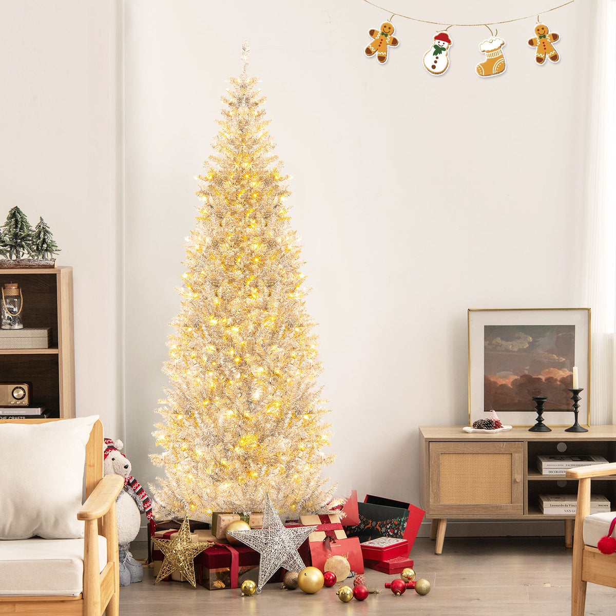 6/7 FT Pre-Lit Artificial Silver Tinsel Xmas Tree with 790 Branch Tips and 300 LED Lights