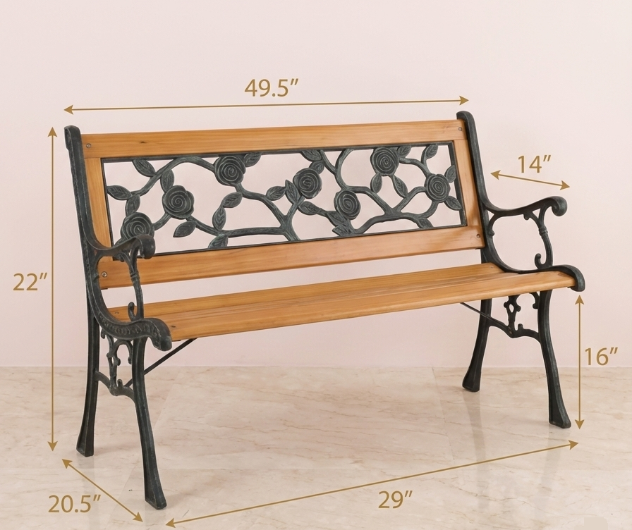 Banco de Jardín Exterior de Hierro Fundido y Madera con Respaldo Ornamentado