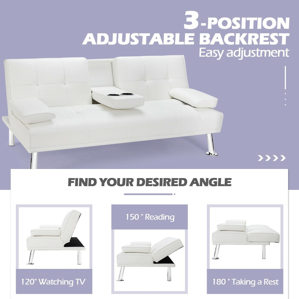 Convertible Folding Leather Futon Sofa with Cup Holders and Armrests