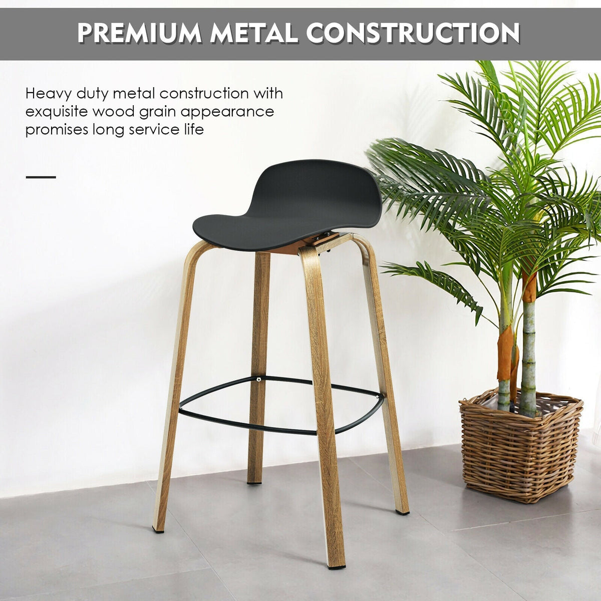 Set of 2 Modern Barstools Pub Chairs with Low Back and Metal Legs