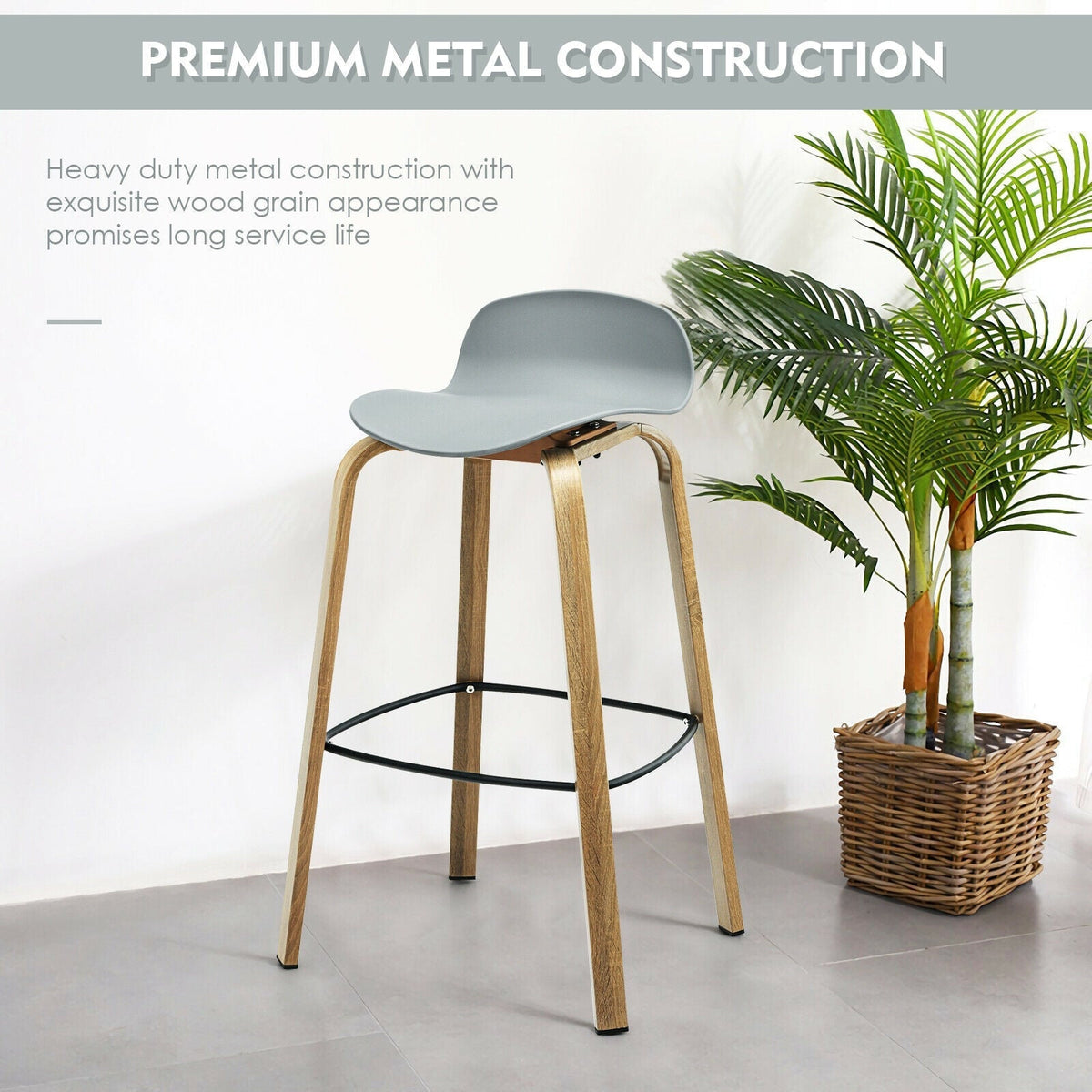 Set of 2 Modern Barstools Pub Chairs with Low Back and Metal Legs