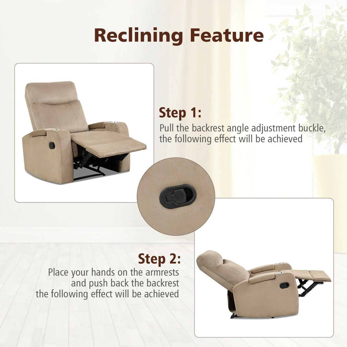 Recliner Chair Single Sofa Lounger with Arm Storage and Cup Holder for Living Room