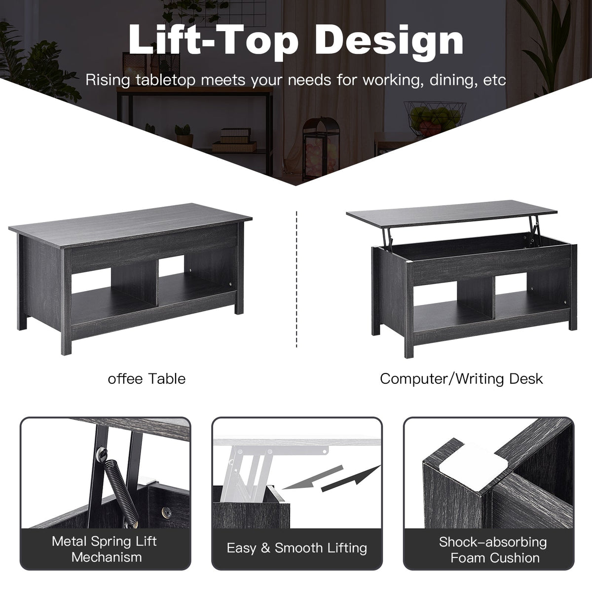 Lift Top Coffee Table with Hidden Storage Compartment and Lower Shelf for Study Room