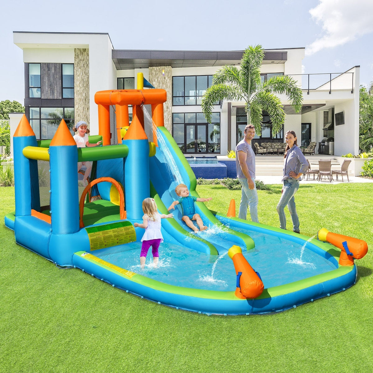 Tobogán de agua inflable con casa de rebote y piscina para salpicar sin soplador para niños