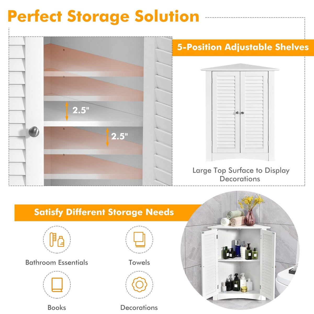 Bathroom Corner Storage Freestanding Floor Cabinet with Shutter Door