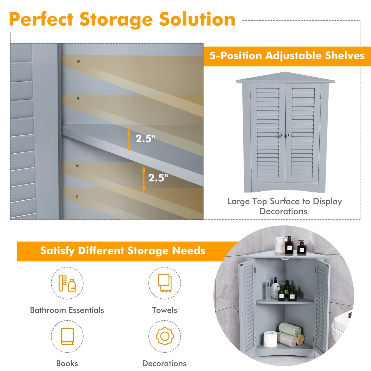 Bathroom Corner Storage Freestanding Floor Cabinet with Shutter Door