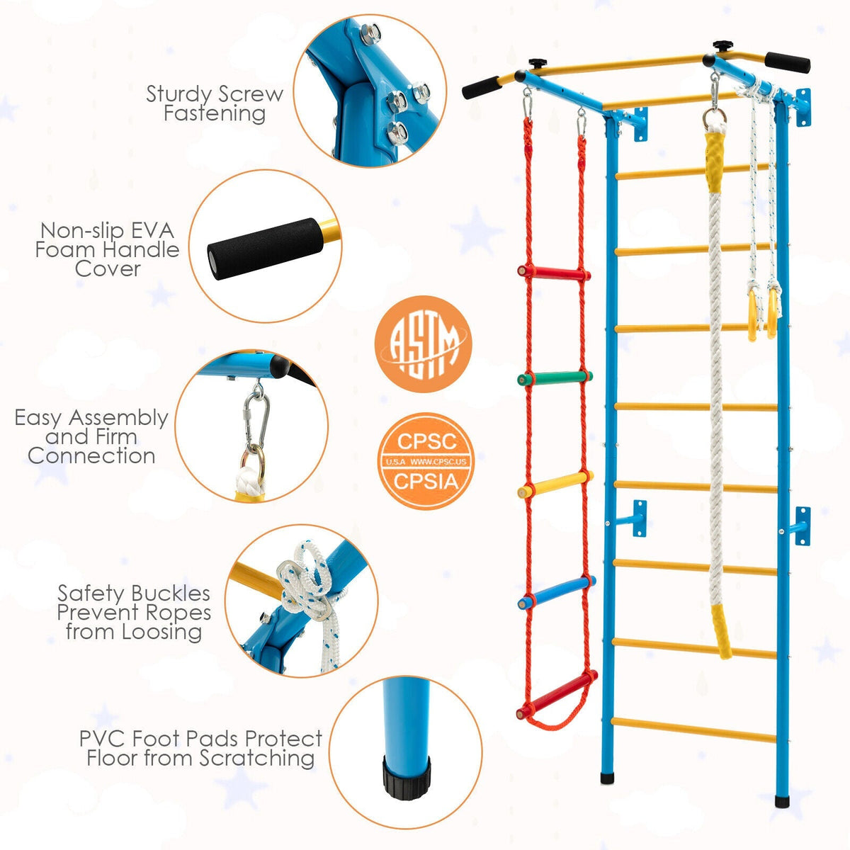 7 In 1 Kids Indoor Gym Playground Swedish Wall Ladder for Solid Wall-Yellow