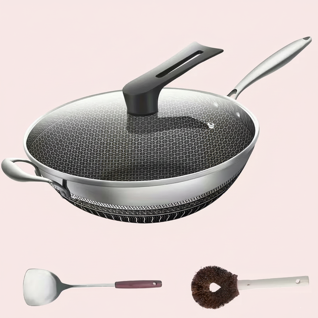 Sartén Wok de Acero Inoxidable de 33,8 cm con Tapa y Espátula – Antiadherente – Para Todo Tipo de Cocinas