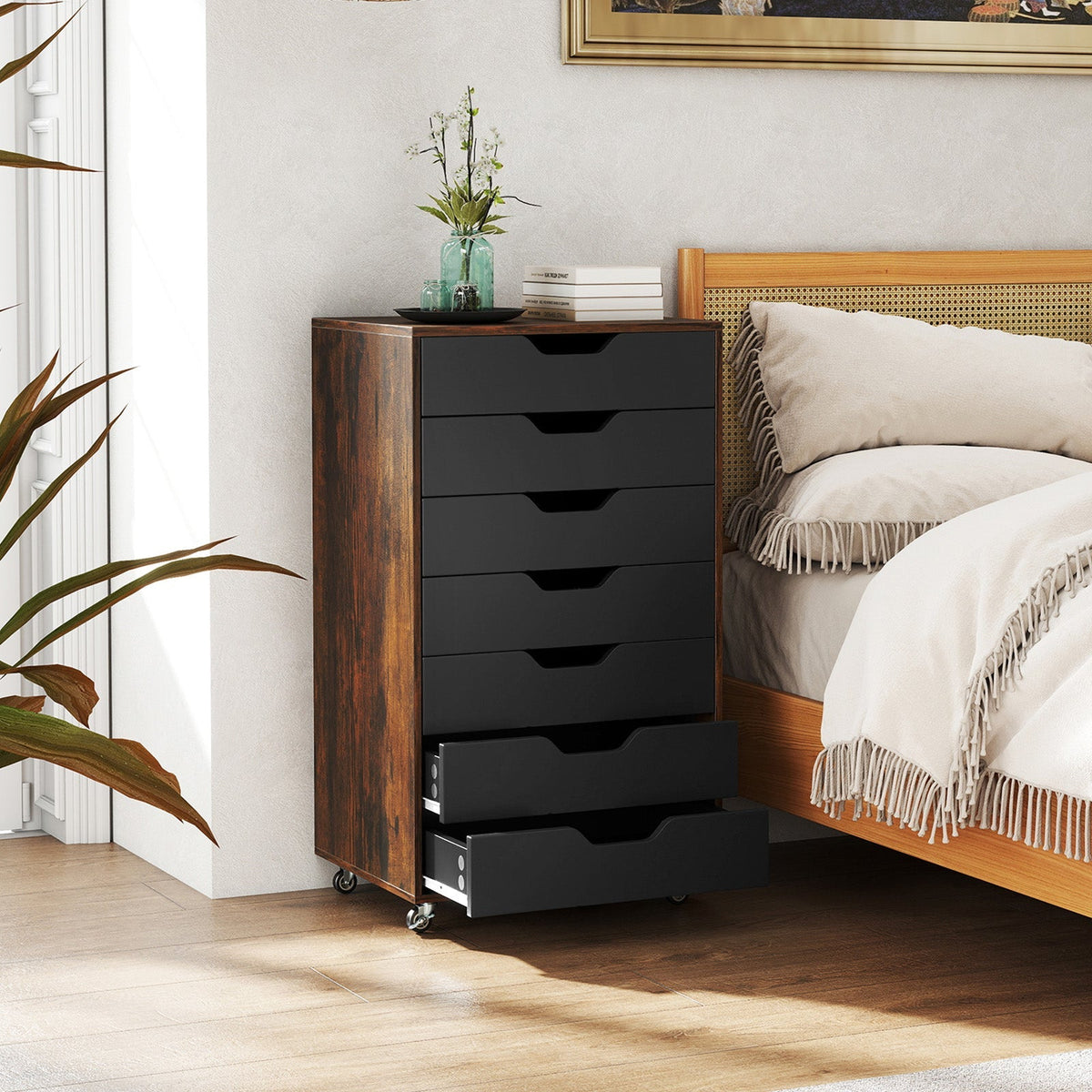 7-Drawer Chest Wooden Storage Dresser with Lockable Wheels