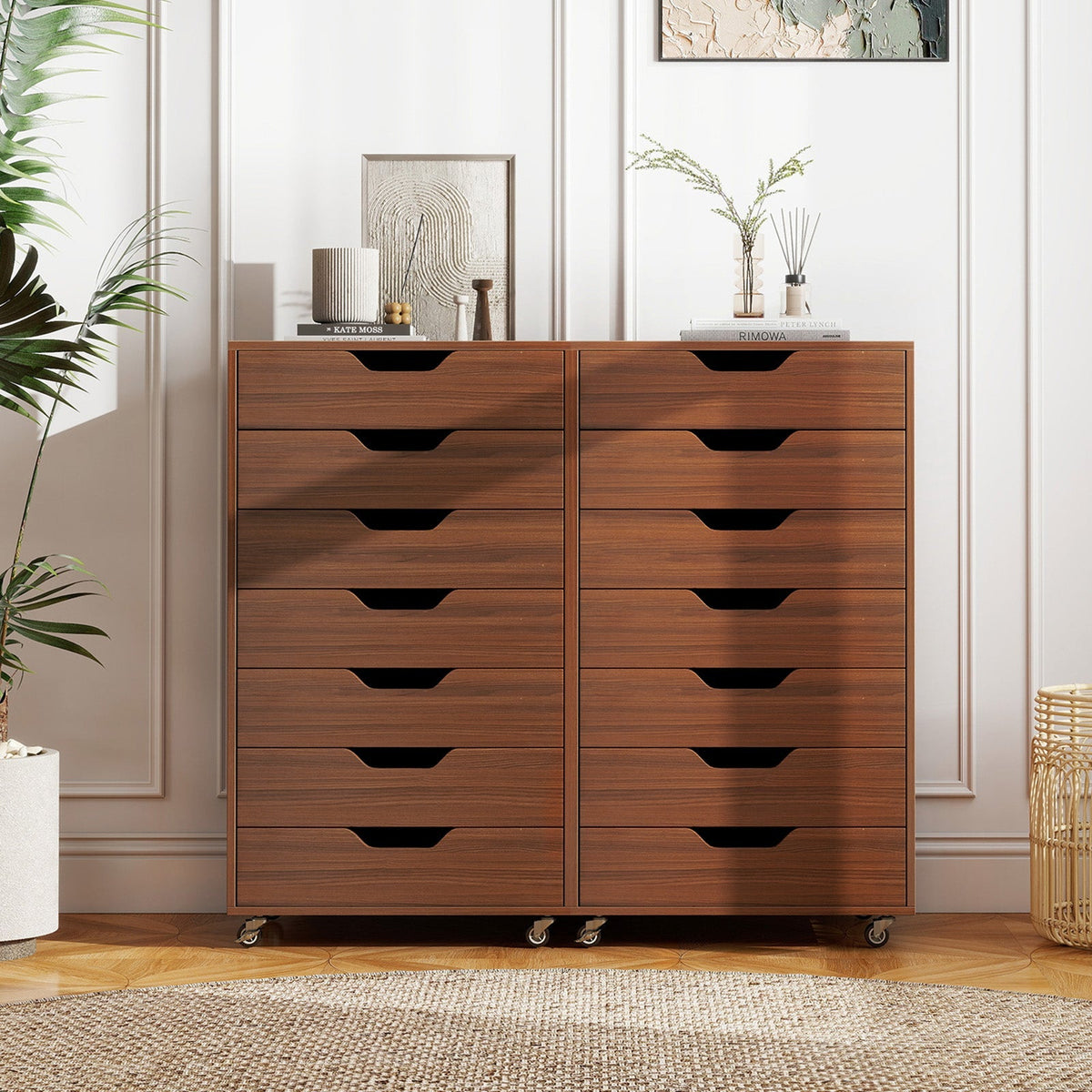7-Drawer Chest Wooden Storage Dresser with Lockable Wheels