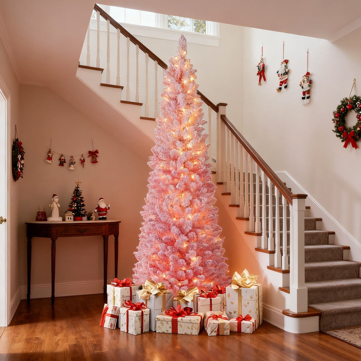 6 FTSnow-flocked Artificial Pink Christmas Tree Pre-lit Hinged Xmas Tree for Holiday Decoration