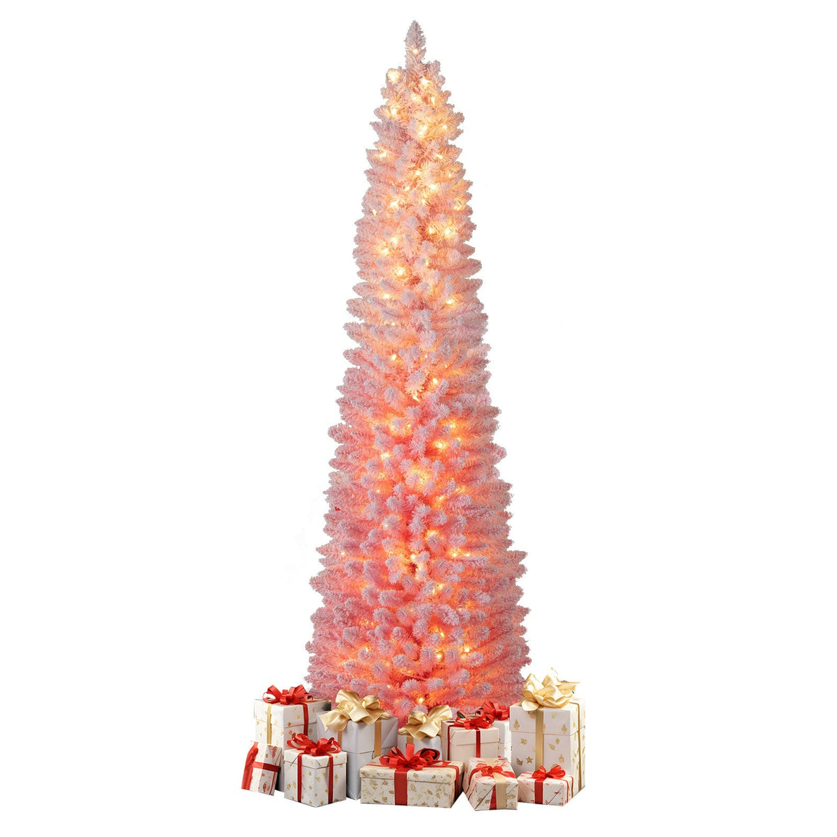 6 FTSnow-flocked Artificial Pink Christmas Tree Pre-lit Hinged Xmas Tree for Holiday Decoration