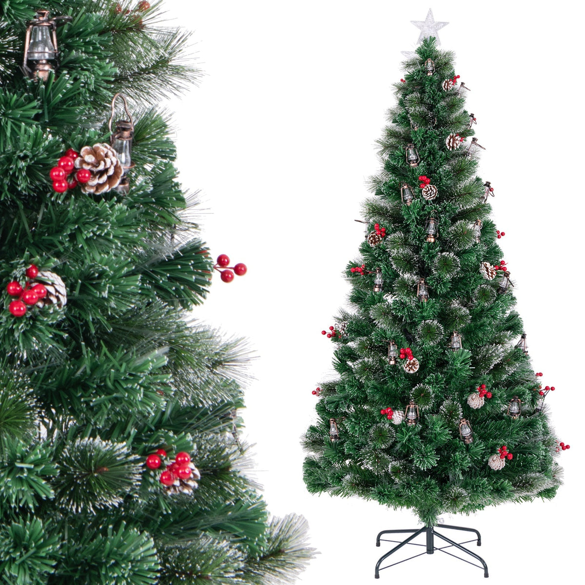 5/6/7 Feet Artificial Christmas Tree with Red Berries and Kerosene Lamps