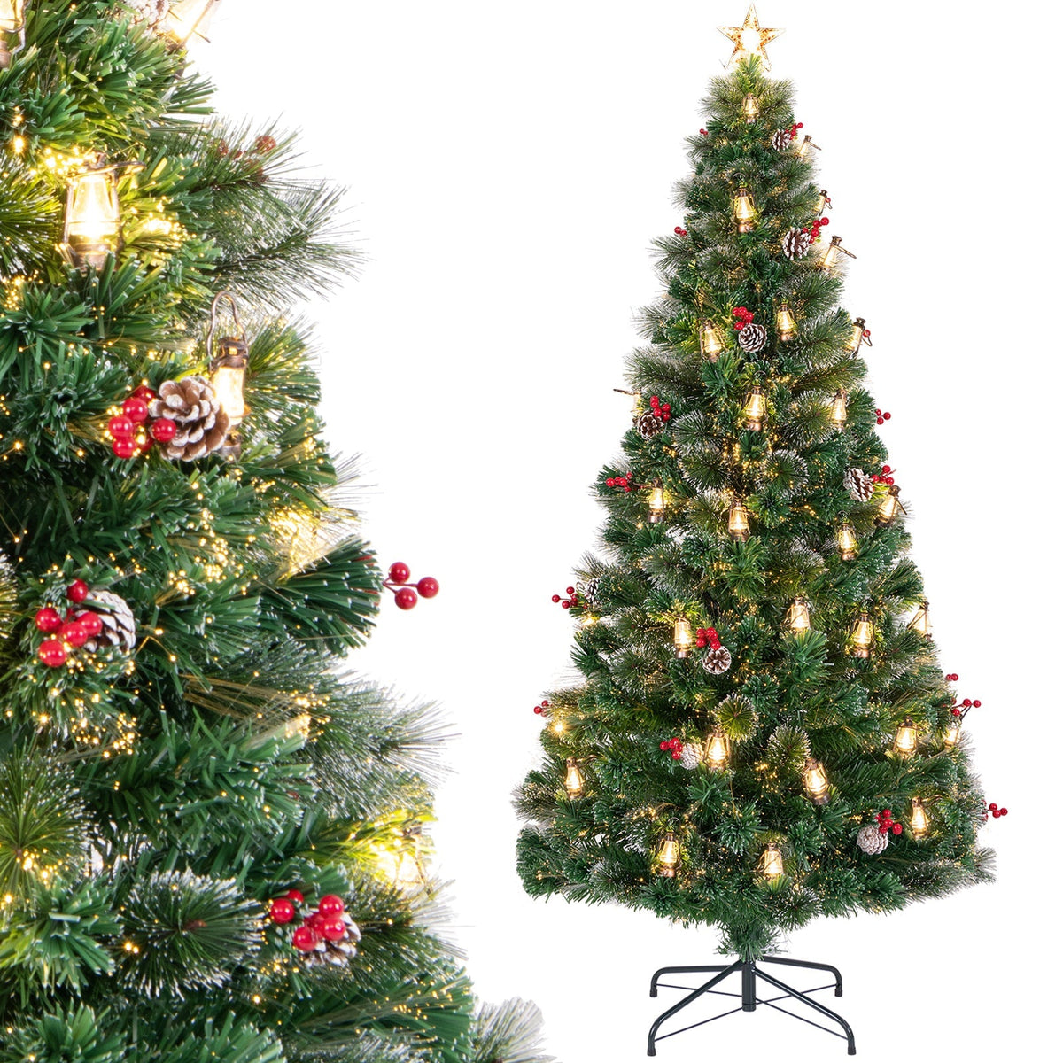 5/6/7 Feet Artificial Christmas Tree with Red Berries and Kerosene Lamps