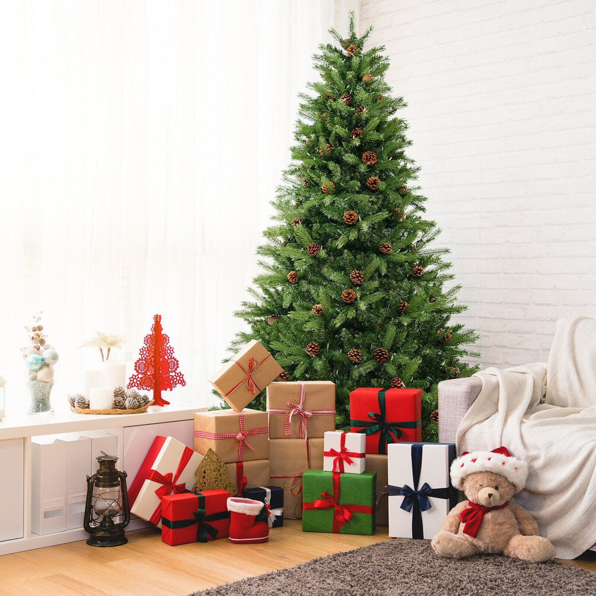 6/7 FT Artificial Christmas Tree with Pine Cones and Adjustable Brightness