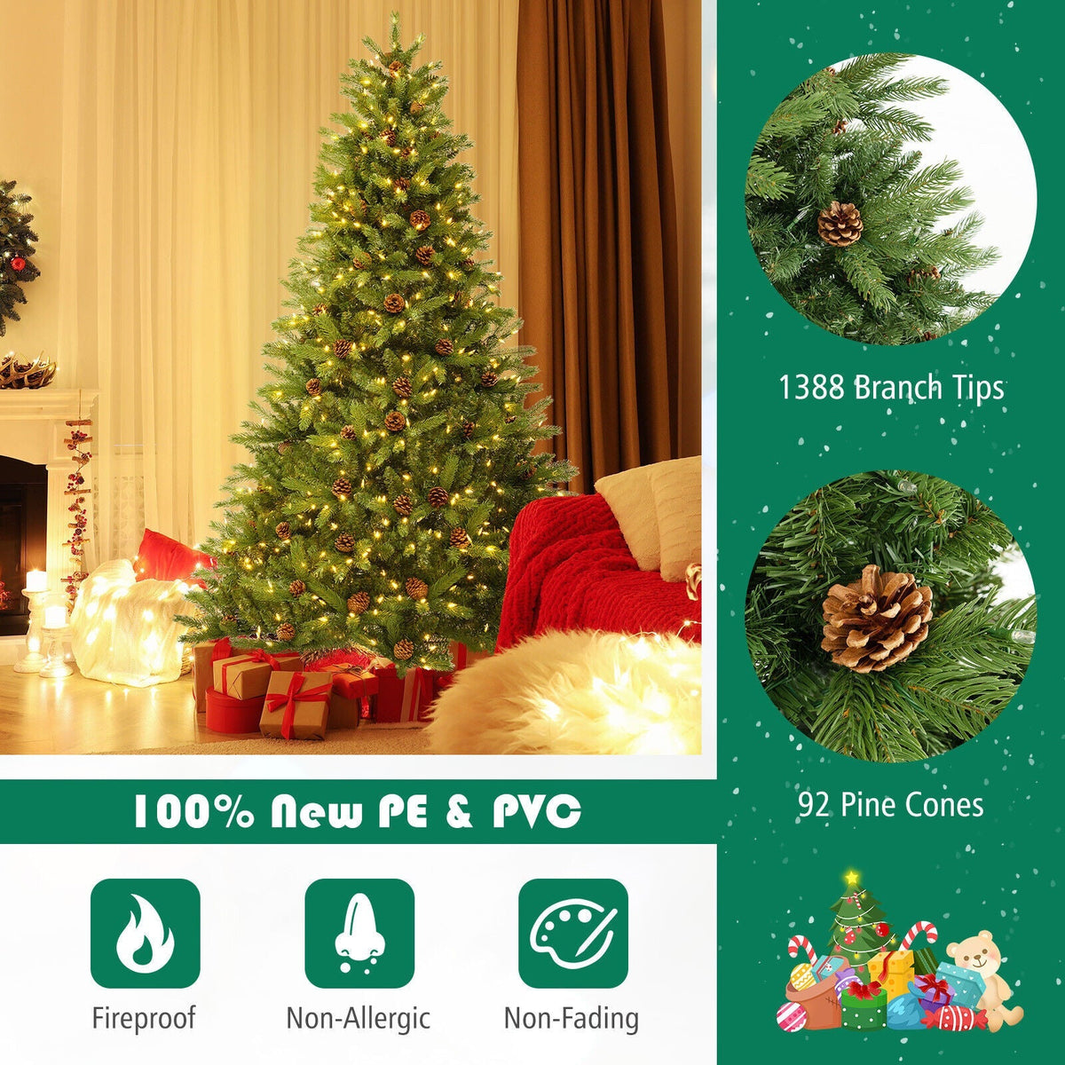 6/7 FT Artificial Christmas Tree with Pine Cones and Adjustable Brightness