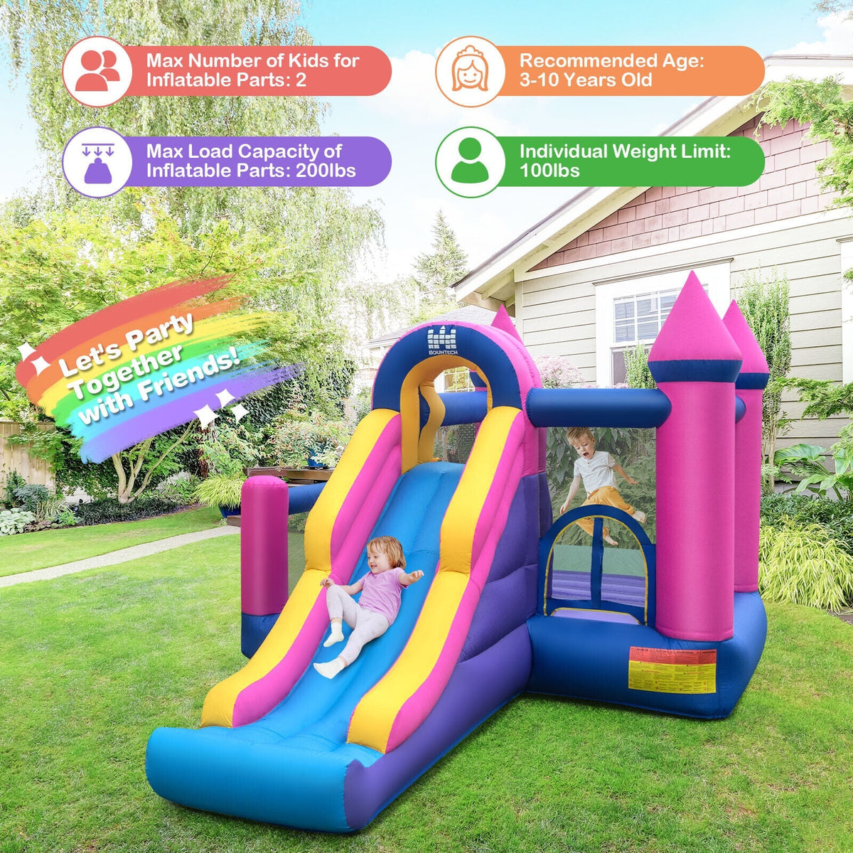 Casa de rebote inflable 7 en 1 para niños con tobogán largo y soplador de 735 W
