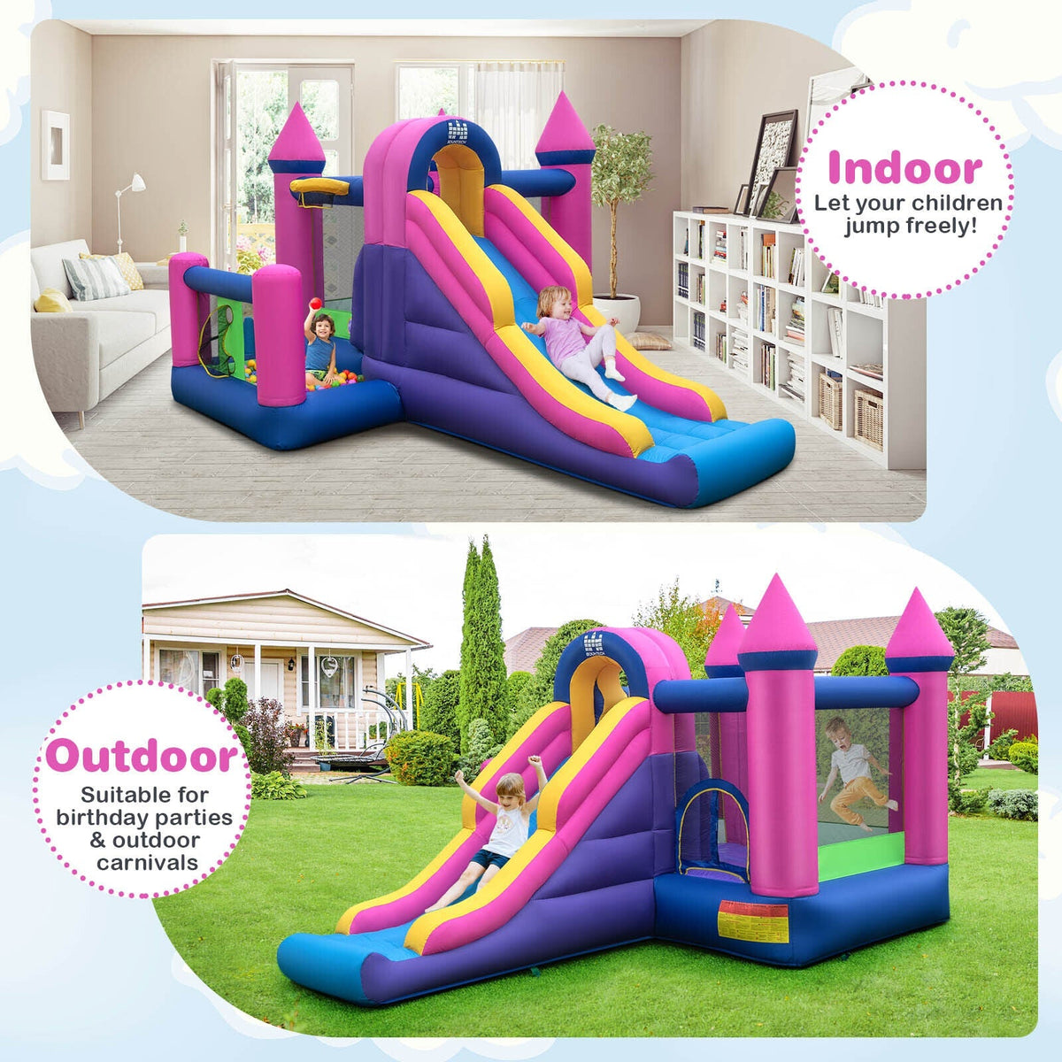 Casa de rebote inflable 7 en 1 para niños con tobogán largo y soplador de 735 W