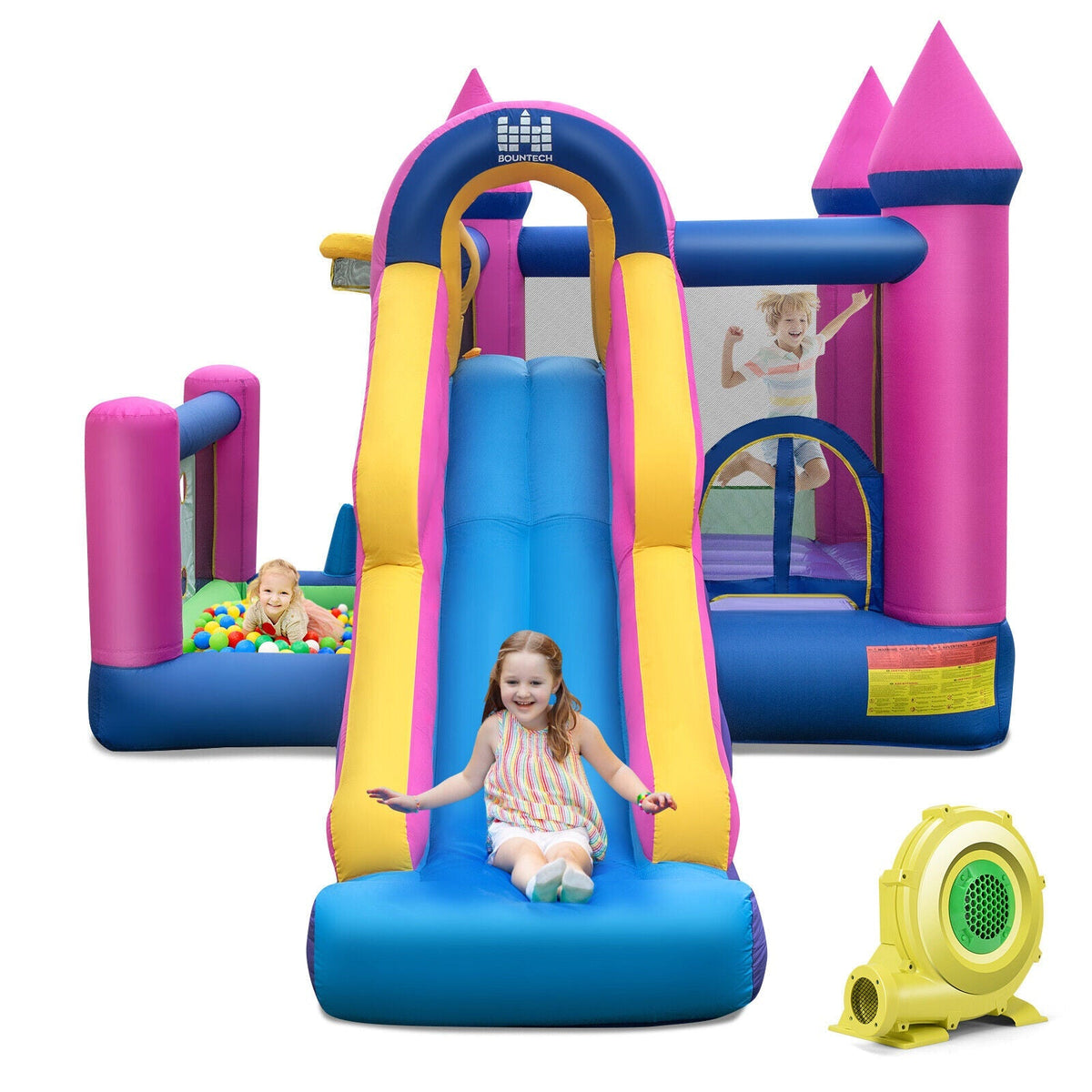 Casa de rebote inflable 7 en 1 para niños con tobogán largo y soplador de 735 W