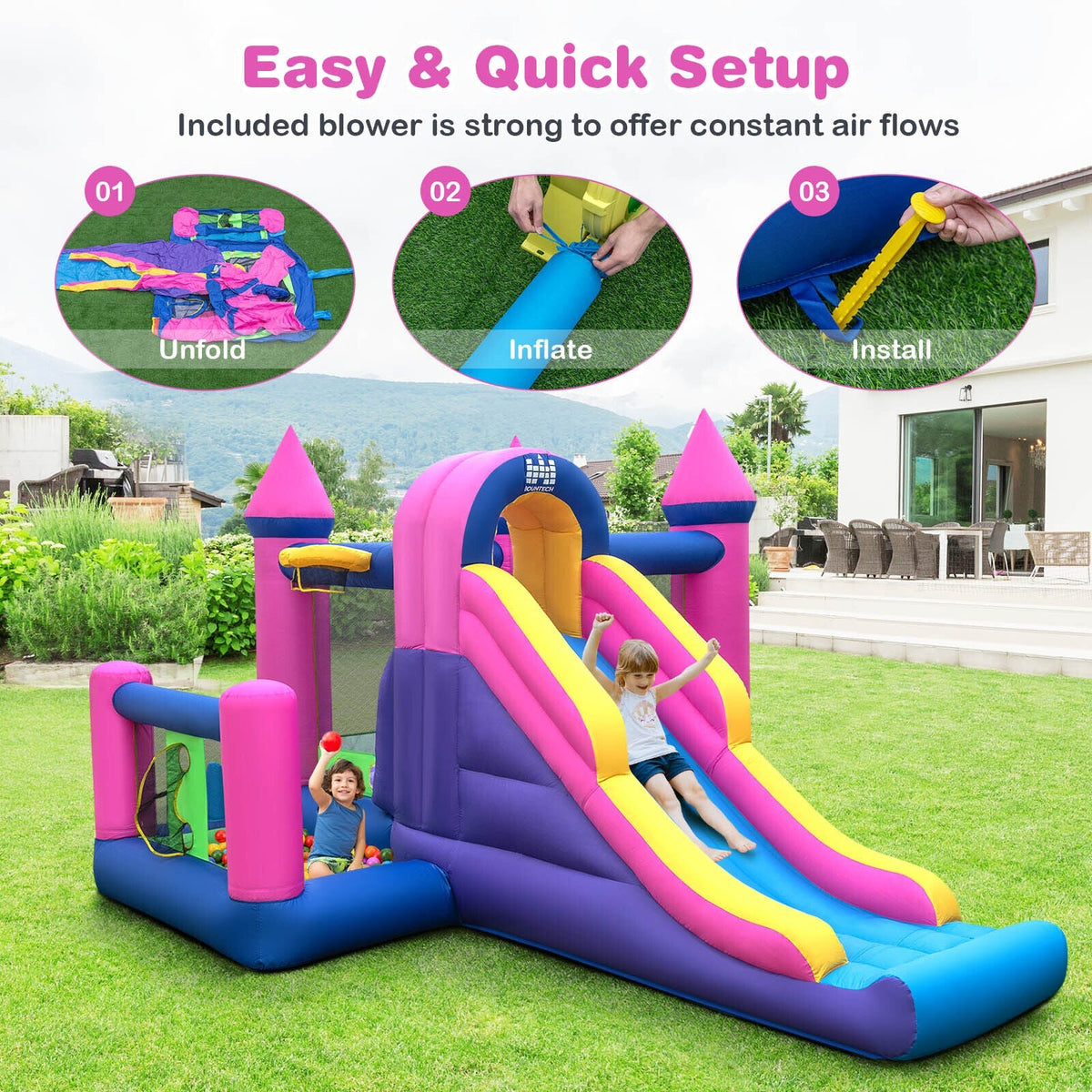 Casa de rebote inflable 7 en 1 para niños con tobogán largo y soplador de 735 W